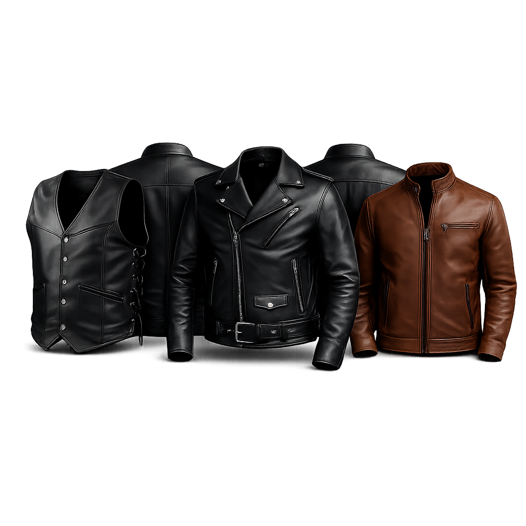 Black leather vest, motorcycle jacket, and brown casual leather jacket displayed together