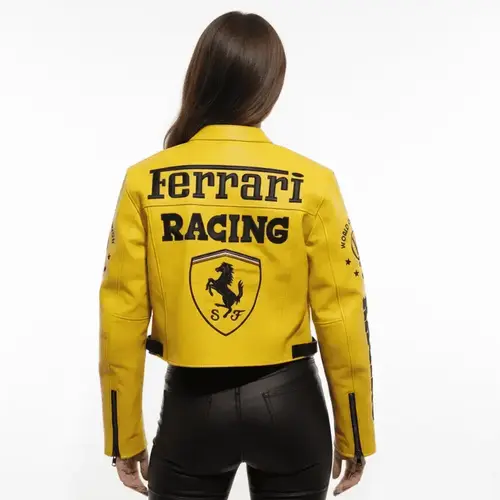 Women’s Ferrari Cropped Leather Jacket Cowhide Biker Style