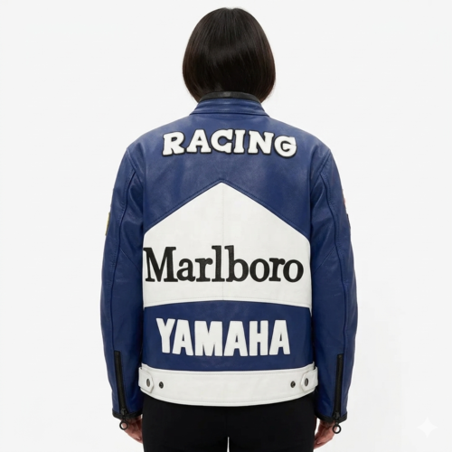 Marlboro Yamaha Racing Leather Jacket Blue Cowhide Armored Jacket