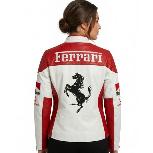 Ferrari Racing Jacket Cowhide Leather Biker Moto Jacket YKK Zip Snap Collar Streetwear Motorsport Style