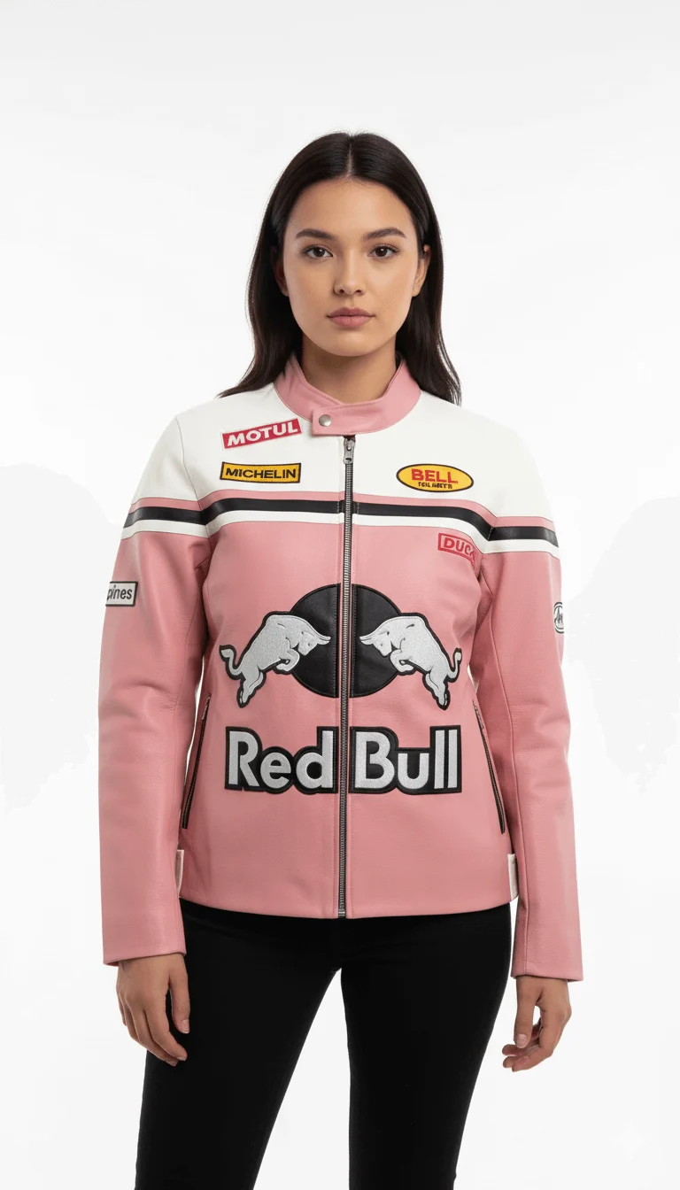 Women’s Red Bull Racing Leather Jacket Pink White Cowhide Jacket