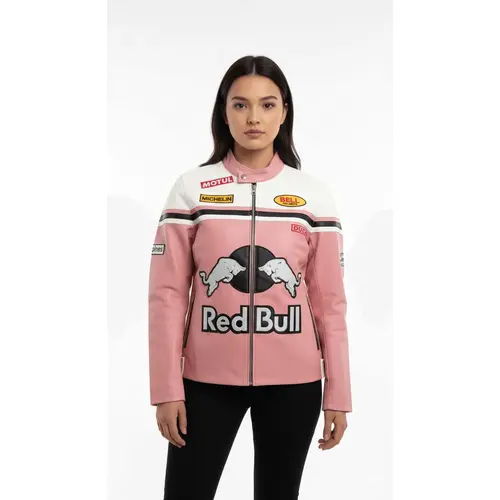 Women’s Red Bull Racing Leather Jacket Pink White Cowhide Jacket