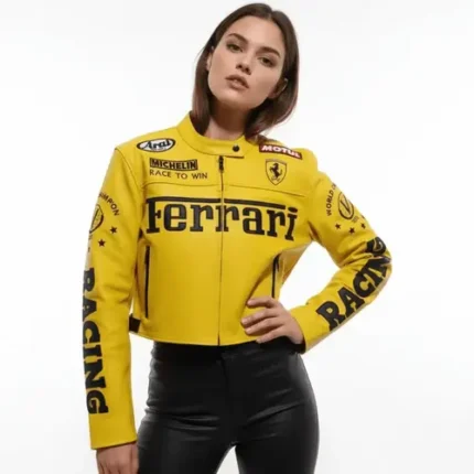 Women’s Ferrari Cropped Leather Jacket Cowhide Biker Style