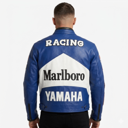 Marlboro Yamaha Racing Leather Jacket Blue Cowhide Armored Jacket