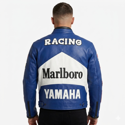 Marlboro Yamaha Racing Leather Jacket Blue Cowhide Armored Jacket