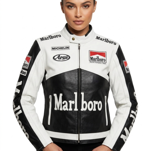 Marlboro Racing Leather Jacket Cowhide White Black Biker Jacket