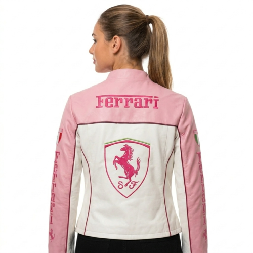 Create image women wear on pure white background with high resoulation half body and see full face no changing in jacket