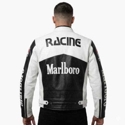 Marlboro Racing Leather Jacket Cowhide White Black Biker Jacket