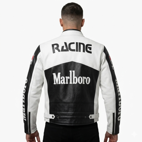 Marlboro Racing Leather Jacket Cowhide White Black Biker Jacket
