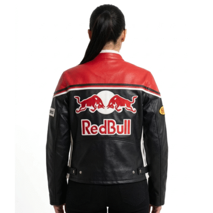 Red Bull Racing Leather Jacket Cowhide Biker Style YKK Zip Jacket