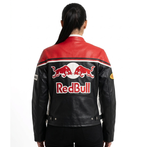 Red Bull Racing Leather Jacket Cowhide Biker Style YKK Zip Jacket