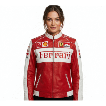 Ferrari Racing Jacket Cowhide Leather Biker Moto Jacket YKK Zip Snap Collar Streetwear Motorsport Style