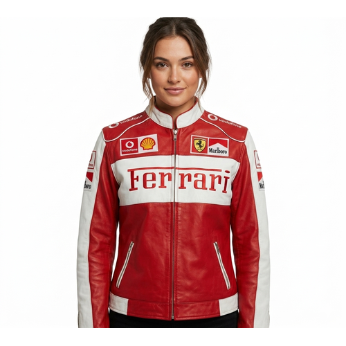Ferrari Racing Jacket Cowhide Leather Biker Moto Jacket YKK Zip Snap Collar Streetwear Motorsport Style