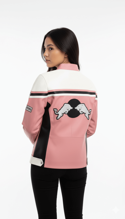 Women’s Red Bull Racing Leather Jacket Pink White Cowhide Jacket