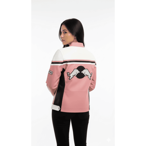 Women’s Red Bull Racing Leather Jacket Pink White Cowhide Jacket