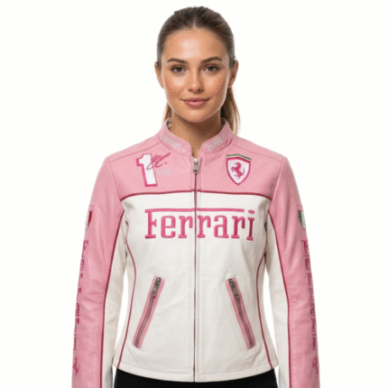 Create image women wear on pure white background with high resoulation half body and see full face no changing in jacket