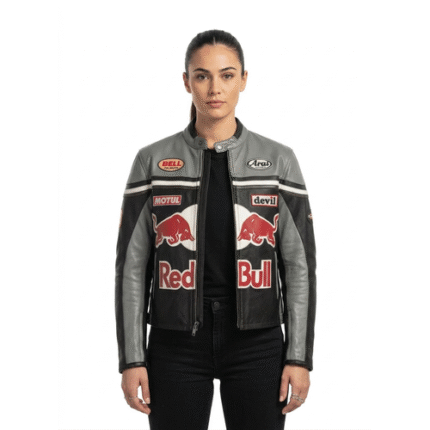 Women’s Red Bull Racing Leather Jacket Black Grey Biker Jacket