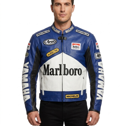 Marlboro Yamaha Racing Leather Jacket Blue Cowhide Armored Jacket