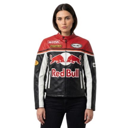 Red Bull Racing Leather Jacket Cowhide Biker Style YKK Zip Jacket