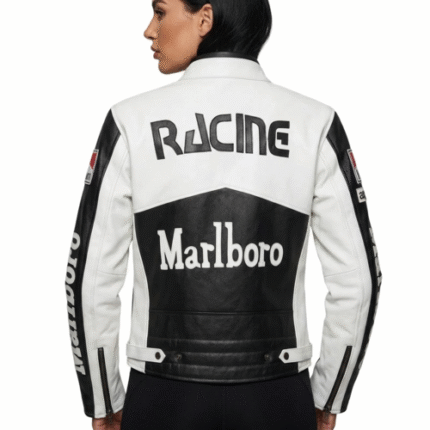 Marlboro Racing Leather Jacket Cowhide White Black Biker Jacket