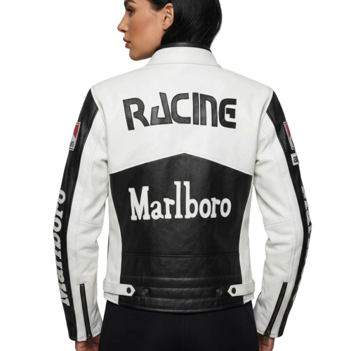 Marlboro Racing Leather Jacket Cowhide White Black Biker Jacket