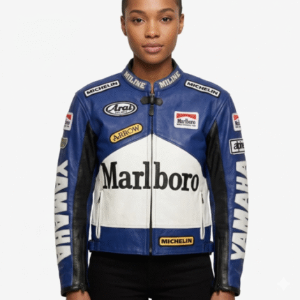 Marlboro Yamaha Racing Leather Jacket Blue Cowhide Armored Jacket