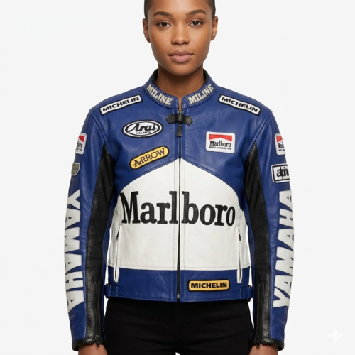 Marlboro Yamaha Racing Leather Jacket Blue Cowhide Armored Jacket