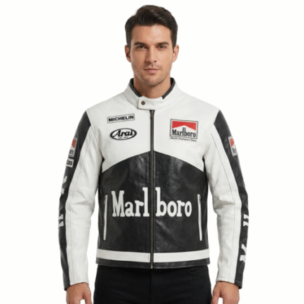 Marlboro Racing Leather Jacket Cowhide White Black Biker Jacket