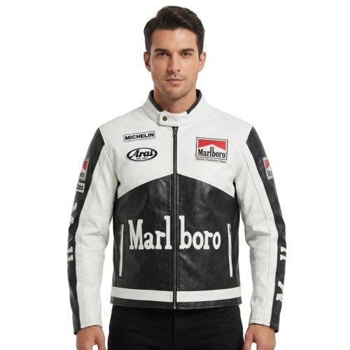 Marlboro Racing Leather Jacket Cowhide White Black Biker Jacket