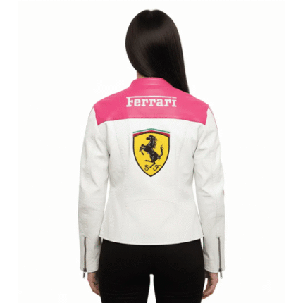 Women Ferrari Pink White Racing Jacket Cowhide Biker Jacket