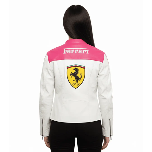 Women Ferrari Pink White Racing Jacket Cowhide Biker Jacket