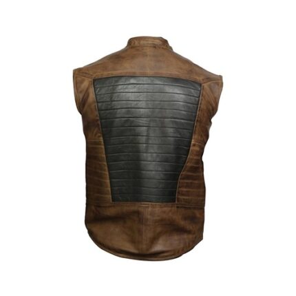 Men’s Two Tone Leather Vest Reversible Slim Fit Funnel Collar Zip Vest