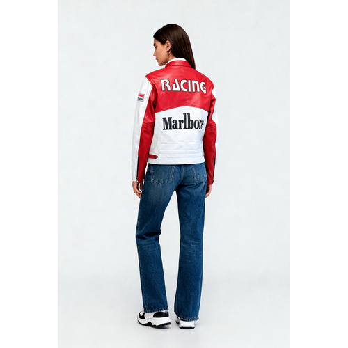 Marlboro Racing Leather Jacket Cowhide Cafe Racer Jacket