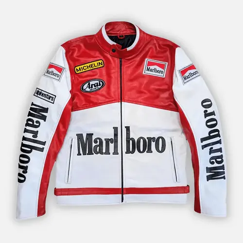 Marlboro Racing Leather Jacket Cowhide Cafe Racer Jacket