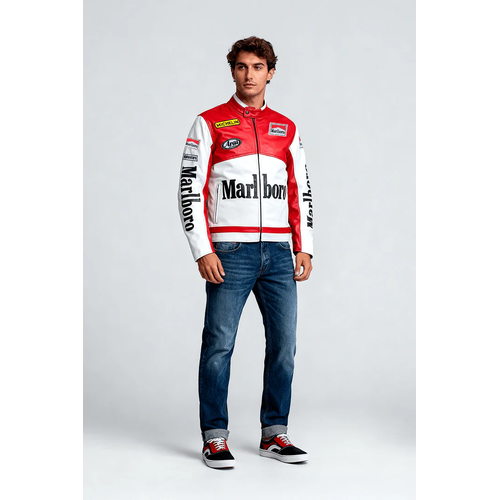 Marlboro Racing Leather Jacket Cowhide Cafe Racer Jacket