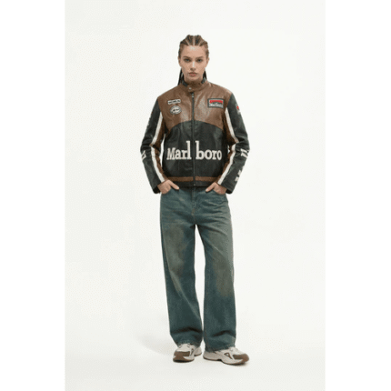 Marlboro Racing Leather Jacket Cowhide Cafe Racer Jacket