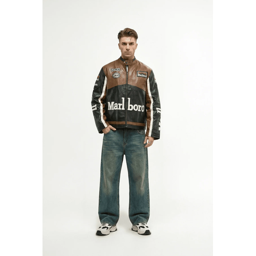 Marlboro Racing Leather Jacket Cowhide Cafe Racer Jacket
