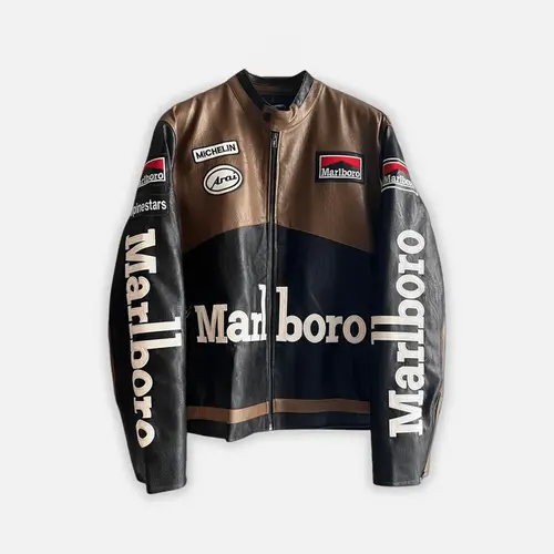 Marlboro Racing Leather Jacket Cowhide Cafe Racer Jacket