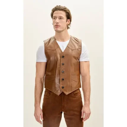 Men’s Brown Leather Western Vest Club Style Five Button Pointed Yoke Leather Vest with Side Pockets