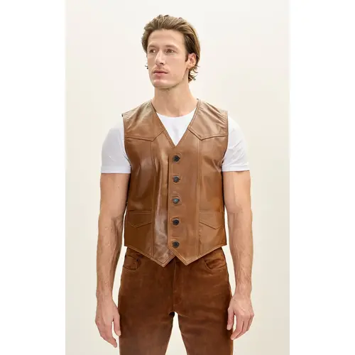 Men’s Brown Leather Western Vest Club Style Five Button Pointed Yoke Leather Vest with Side Pockets