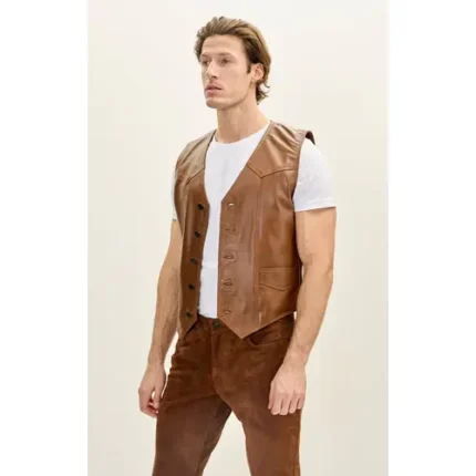 Men’s Brown Leather Western Vest Club Style Five Button Pointed Yoke Leather Vest with Side Pockets