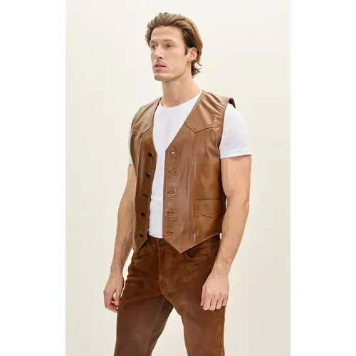 Men’s Brown Leather Western Vest Club Style Five Button Pointed Yoke Leather Vest with Side Pockets