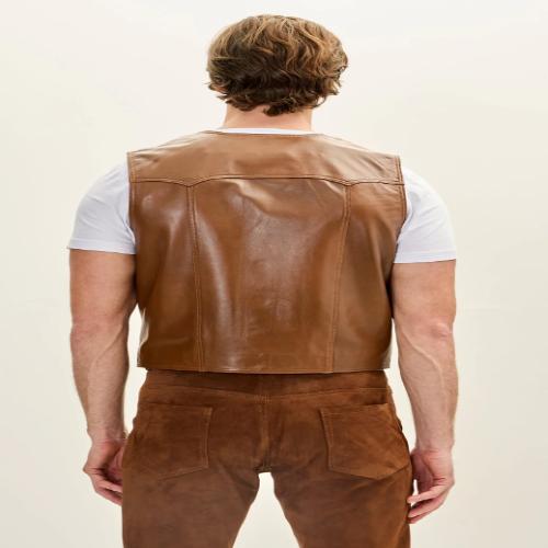 Men’s Brown Leather Western Vest Club Style Five Button Pointed Yoke Leather Vest with Side Pockets