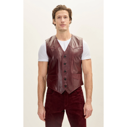 Men’s Brown Leather Western Vest Club Style Five Button Pointed Yoke Leather Vest with Side Pockets