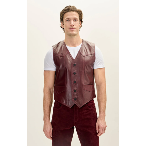 Men’s Brown Leather Western Vest Club Style Five Button Pointed Yoke Leather Vest with Side Pockets