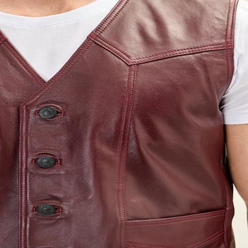 Men’s Brown Leather Western Vest Club Style Five Button Pointed Yoke Leather Vest with Side Pockets