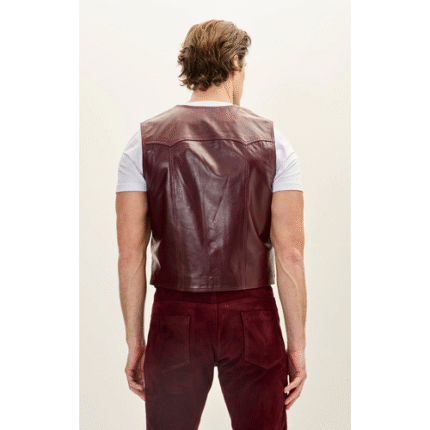 Men’s Brown Leather Western Vest Club Style Five Button Pointed Yoke Leather Vest with Side Pockets