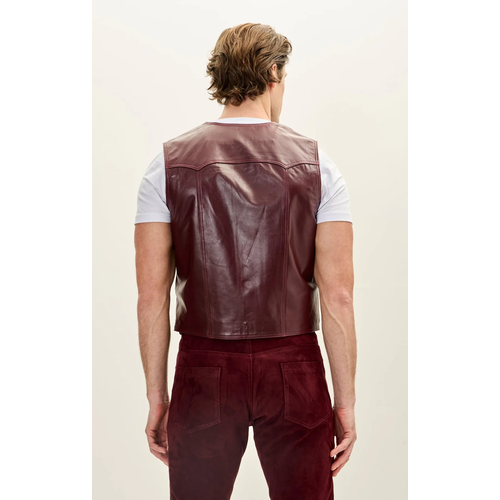 Men’s Brown Leather Western Vest Club Style Five Button Pointed Yoke Leather Vest with Side Pockets