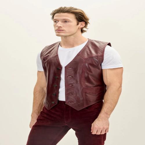 Men’s Brown Leather Western Vest Club Style Five Button Pointed Yoke Leather Vest with Side Pockets