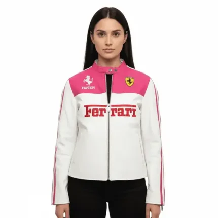 Women Ferrari Pink White Racing Jacket Cowhide Biker Jacket